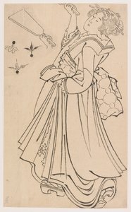 Dívka hrající si s bitevníkem a pérákem, konec 18.-začátek 19. století. od Katsushika Hokusai