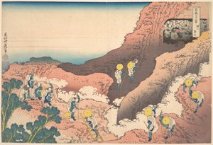 Skupiny horolezců (Shojin tozan) ze série „Třicet šest pohledů na horu Fudži“ (Fugaku sanjūrokkei) od Katsushika Hokusai