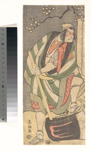 Ichikawa Ebizō (V. Danjūrō) v roli Mongaku Šonina převlečeného za Jamagatsu z divadelní hry „Kin no Menuki“ od Minamotoya Kakutsuby od Katsushika Hokusai