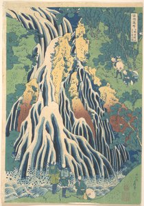 Vodopád Kirifuri na hoře Kurokami v Shimotsuke (Shimotsuke Kurokamiyama Kirifuri no taki), ze série „Prohlídka vodopádů v různých provinciích“ (Shokoku taki meguri) od Katsushika Hokusai