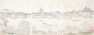 Komagata Hall a O-umaya River Bank, ze série "Výběr koní (Uma zukushi)" od Katsushika Hokusai