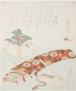 Koto a novoroční nabídka, ilustrace k filmu The Akoya Beach Shell (Akoyagai), ze série „Hra s básněmi z období Genroku (Genroku kasen kai awase)“ od Katsushika Hokusai