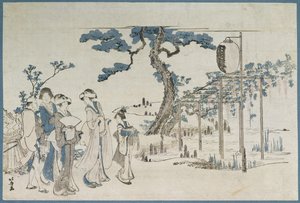 Dámy na návštěvě zahrad Wisteria v Kameido (dřevořez) od Katsushika Hokusai