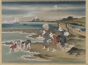 Krajina: sběrači škeblí na pobřeží (inkoust a barva na hedvábí) od Katsushika Hokusai