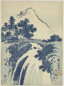 Krajina s vodopádem z nepojmenované série chubanských tisků od Katsushika Hokusai