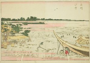 Odliv v Shinagawa (Shinagawa shiohi), z ilustrované knihy „Obrázková kniha zábav východu (Ehon Azuma asobi)“ od Katsushika Hokusai