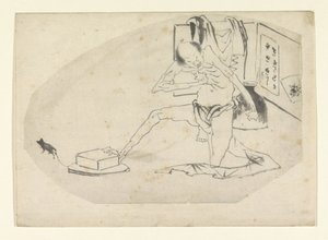 Muž v bederní roušce, krabici a myši od Katsushika Hokusai
