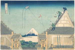 Obchod Mitsui v Surugachō v Edu (Edo Surugachō Mitsui mise ryaku zu), ze série Třicet šest pohledů na horu Fuji (Fugaku sanjūrokkei) od Katsushika Hokusai