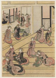 Novoroční dny v čajovně Ogi-ya. c.1810 (barevný dřevořez) (set viz 277795-277797) od Katsushika Hokusai