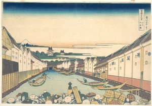 Nihonbaši v Edu (Edo Nihonbaši), ze série „Třicet šest pohledů na horu Fudži“ (Fugaku sanjūrokkei) od Katsushika Hokusai