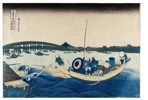 Č. 45 Západ slunce nad mostem Rjógoku, období Edo, asi 30. léta 19. století (dřevoryt na papíře) od Katsushika Hokusai