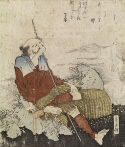 Starý rybář kouří dýmku, cca 1835 (barevný dřevořez) od Katsushika Hokusai