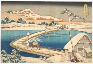 Starý pohled na lodní most v Sano v provincii Kōzuke (Kōzuke Sano funabashi no kozu), ze série „Pozoruhodné pohledy na mosty v různých provinciích“ (Shokoku meikyō kiran) od Katsushika Hokusai