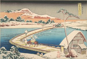 Starý pohled na lodní most v Sano v provincii Kōzuke (Kōzuke Sano funabashi no kozu), ze série „Pozoruhodné pohledy na mosty v různých provinciích“ (Shokoku meikyō kiran) od Katsushika Hokusai