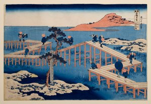 Starý pohled na osmipolový most Yatsuhashi v provincii Mikawa, ze série „Pozoruhodné pohledy na mosty v různých provinciích“ od Katsushika Hokusai