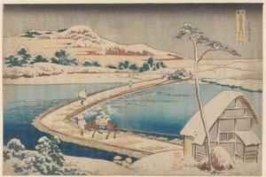 Starý pohled na pontonový most v Sano v provincii Kôzuke od Katsushika Hokusai
