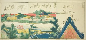 Stránky z ilustrované knihy „Panoramatické výhledy podél břehů řeky Sumida (Ehon Sumidagawa ryogan ichiran)“ od Katsushika Hokusai