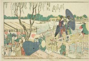 Stránky z ilustrované knihy „Panoramatické výhledy podél břehů řeky Sumida (Ehon Sumidagawa ryogan ichiran)“ od Katsushika Hokusai