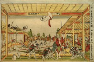Perspektivní obrázek nočního útoku 47 věrných vazalů od Katsushika Hokusai