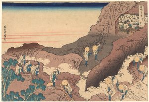 Poutníci stoupající na vrchol, ze série „Třicet šest pohledů na horu Fudži“ od Katsushika Hokusai