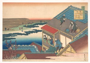 Báseň od Iseho, ze sbírky „Sto básní, jak je vysvětluje chůva“ (Hyakunin isshu uba ga etoki) od Katsushika Hokusai
