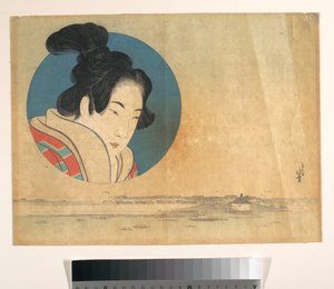 Portrét ženy v velkém kruhu s krajinou v pozadí od Katsushika Hokusai