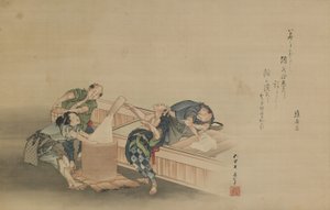 Bušení rýže pro Mochi, napsané Momomotem Hinamarem, období Edo, kolem roku 1822 (inkoust a barva na hedvábí připevněná jako závěsný svitek) od Katsushika Hokusai