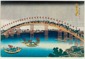Procesí přes most (barevný dřevoryt) od Katsushika Hokusai