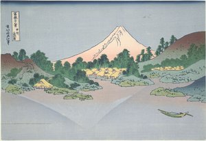 Odraz hory Fuji v jezeře Misaka v provincii Kai, ze série „Třicet šest pohledů na horu Fuji“ od Katsushika Hokusai