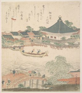 Scéna u řeky s mostem v popředí od Katsushika Hokusai