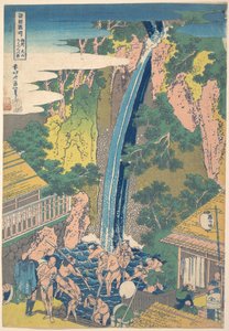 Vodopád Rōben na hoře Ōyama v provincii Sagami (Sōshū Ōyama Rōben no taki), ze série „Prohlídka vodopádů v různých provinciích“ (Shokoku taki meguri) od Katsushika Hokusai