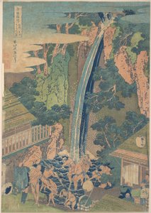 Vodopád Rōben na hoře Ōyama v provincii Sagami (Sōshū Ōyama Rōben no taki), ze série „Prohlídka vodopádů v různých provinciích“ (Shokoku taki meguri) od Katsushika Hokusai
