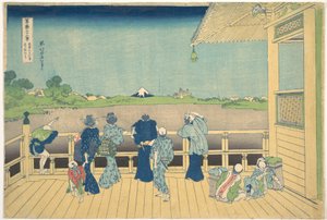 Sál Sazai v Chrámu pěti set arhatů (Gohyaku Rakanji Sazaidō), ze série „Třicet šest pohledů na horu Fudži“ (Fugaku sanjūrokkei) od Katsushika Hokusai