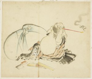 Sedící Hotei Smoking a Pipe, ca. 1815-1849 (inkoust a barva na papíře) od Katsushika Hokusai
