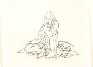 Sedící stařec opírající se o hůl od Katsushika Hokusai
