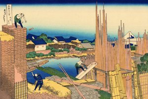 Serie de 36 vues du Mont Fuji: la scierie a Honjo, Japonsko - Estampe de Katsushika Hokusai (1760-1849) (ecole ukiyo-e) 1830-1833 státní A Puškinovo muzeum výtvarných umění, Moskva od Katsushika Hokusai