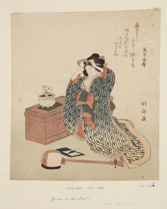 Shamisen Player Adjusting Her Hair (barevný dřevěný tisk) od Katsushika Hokusai