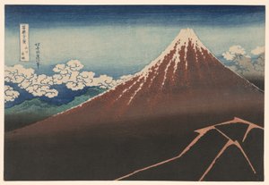 Sprcha pod vrcholem (Sanka hakuu), ze série „Třicet šest pohledů na horu Fuji (Fugaku sanjurokkei)“ od Katsushika Hokusai