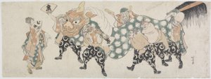 Šest mužských bohů hrajících lví tanec, 1797-1819 (barevný dřevořez) od Katsushika Hokusai