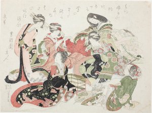 Šest žen sedělo kolem ptačí klece od Katsushika Hokusai