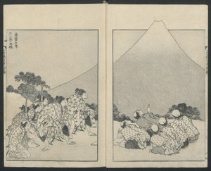 Klouzání dolů doleva, Otevření Fuji vpravo od Sto pohledů na horu Fuji, 1834. od Katsushika Hokusai
