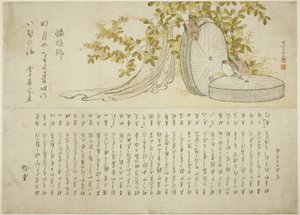 Vrabci na mlýnských kamenech s keři Hagi od Katsushika Hokusai