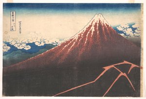 Bouře pod horou Fudži (Sanka no haku u), ze série Třicet šest pohledů na horu Fudži (Fugaku sanjūrokkei) od Katsushika Hokusai