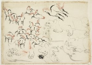 Studie koní, koček a krys (od "Hokusai Manga"), cca 1815-1849 (inkoust a barva na papíře) od Katsushika Hokusai