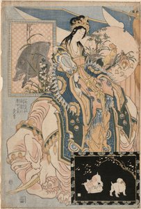 Dáma z dynastie Tang na bílém slonovi, ze série „Obří slámová díla pro atrakci v zábavním parku“ od Katsushika Hokusai