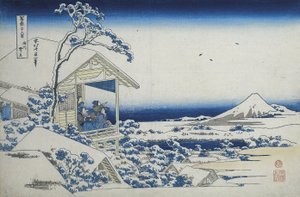 Čajovna v Koishikawa, ráno po sněžení, kolem 1830 (dřevěný tisk) od Katsushika Hokusai