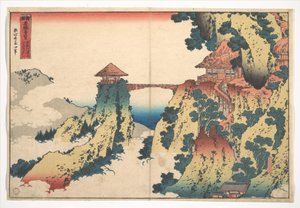 Most „Visící mrak“ na hoře Gyōdō nedaleko Ashikagy (Ashikaga Gyōdōzan kumo no kakehashi), ze série „Pozoruhodné pohledy na mosty v různých provinciích“ (Shokoku meikyō kiran) od Katsushika Hokusai