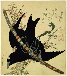 Malý havran s mečem klanu Minamoto, asi 1823 (barevný dřevoryt) od Katsushika Hokusai
