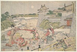 Věrná liga čtyřiceti sedmi róninů (Čúshingura),  3. jednání: Kampei je napaden Bannaiem a jeho muži od Katsushika Hokusai
