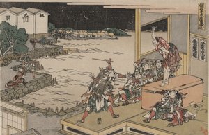 Věrná liga čtyřiceti sedmi róninů (Čúshingura), 10. jednání: Gihei střeží truhlu se zbraněmi od Katsushika Hokusai
